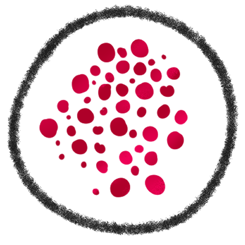 A large black circle with many red dots inside.